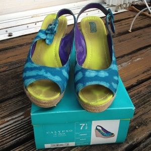 Calypso Target Wedge Sling Back Peep Toe Heels 7.5 Womens Sandals Shoes
